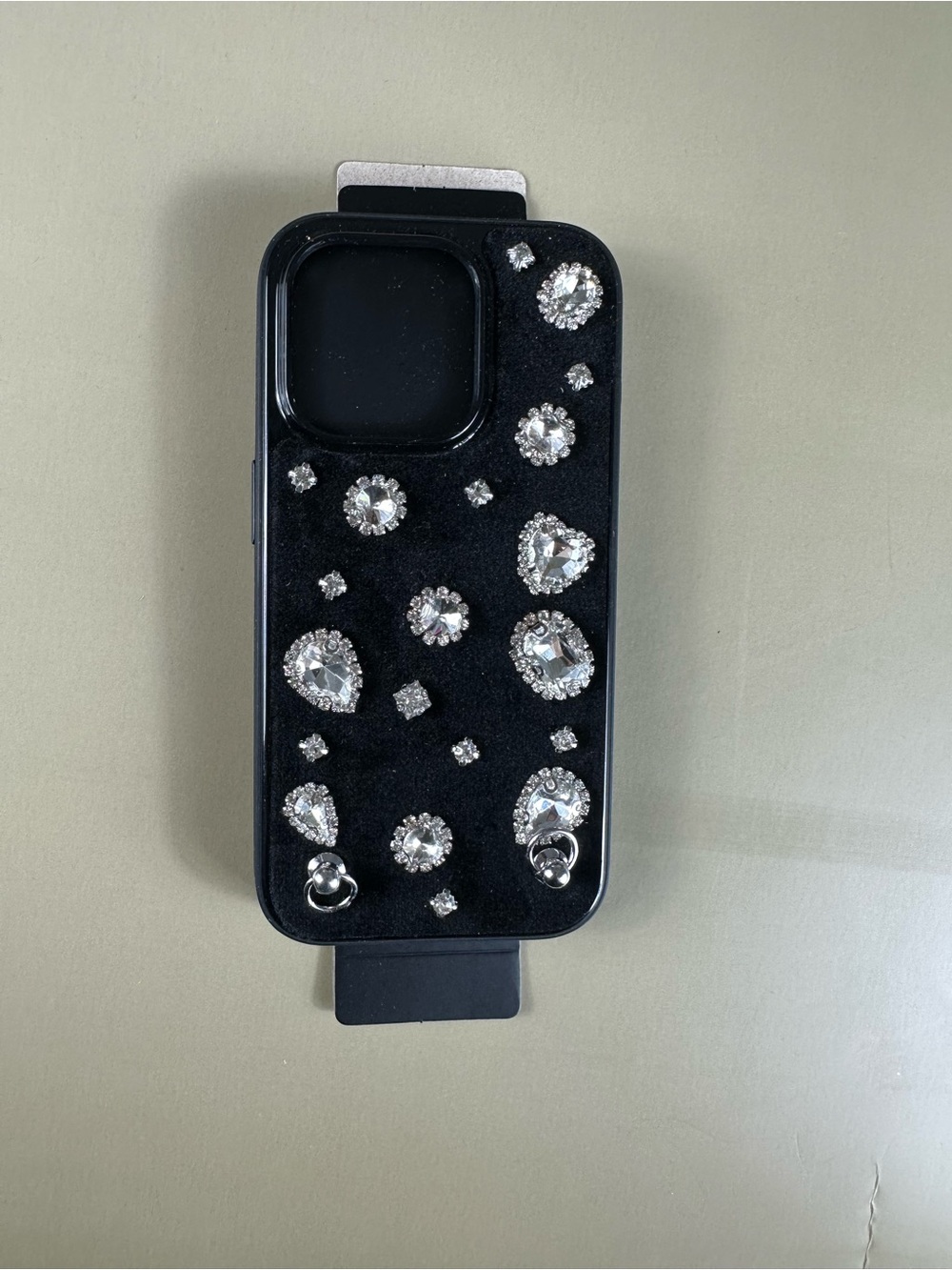 iPhone 15 Pro Black Crystal-Embellished Phone Case with Ring Attachments - Picture 4 of 6
